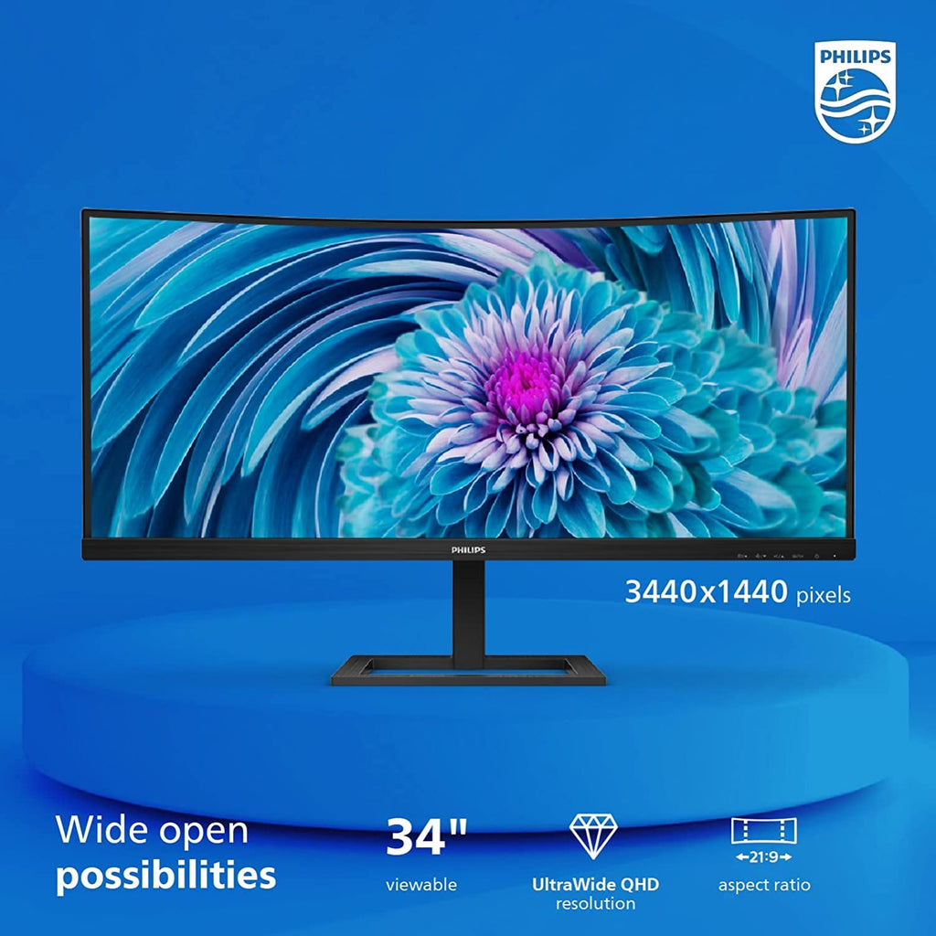 PHILIPS 346E2CUAE 34" Curved Frameless, Ultrawide QHD 3440X1440,100Hz, 121% Srgb, 1Ms MPRT, USB-C Charging, Multiview PIP/PBP, Height Adjustable, 4Yr Advance Replacement, Black