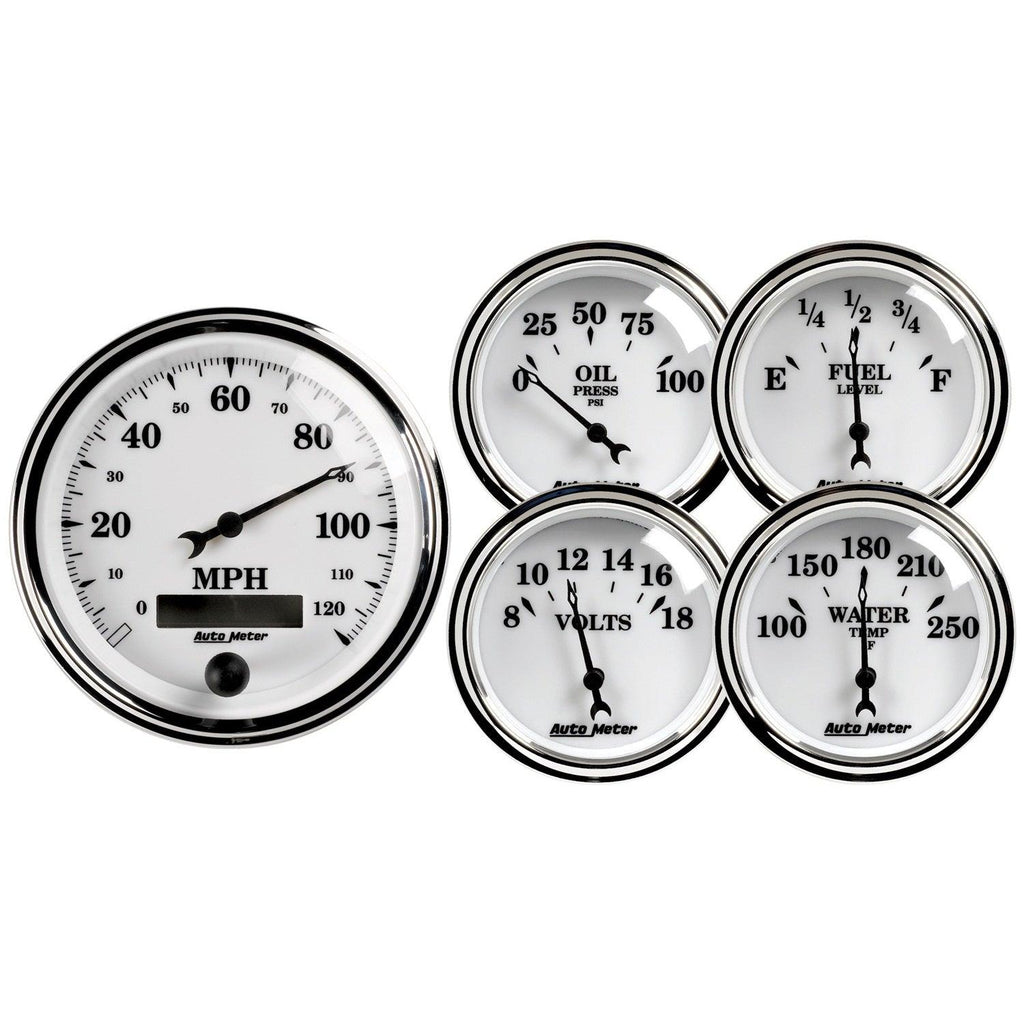 5 PC. GAUGE KIT 3-3/8 in. & 2-1/16 in. ELEC. SPEEDOMETER OLD TYME WHITE II - greatparts