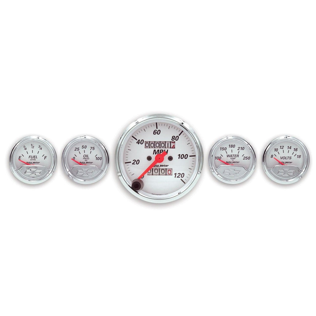 5 PC. GAUGE KIT 3-1/8 in. & 2-1/16 in. MECH. SPEEDO. CHEVROLET HERITAGE BOWTIE - greatparts