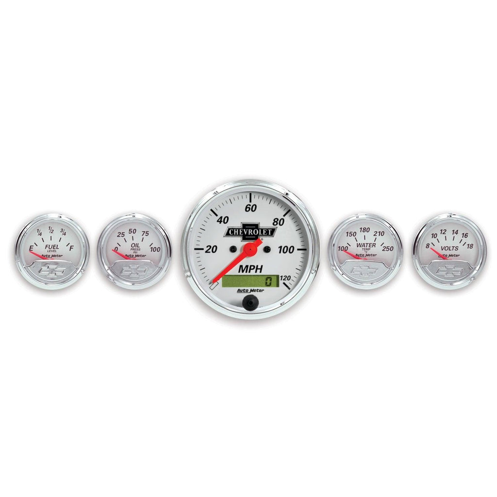 5 PC. GAUGE KIT 3-1/8 in. & 2-1/16 in. ELEC. SPEEDO. CHEVROLET HERITAGE BOWTIE - greatparts