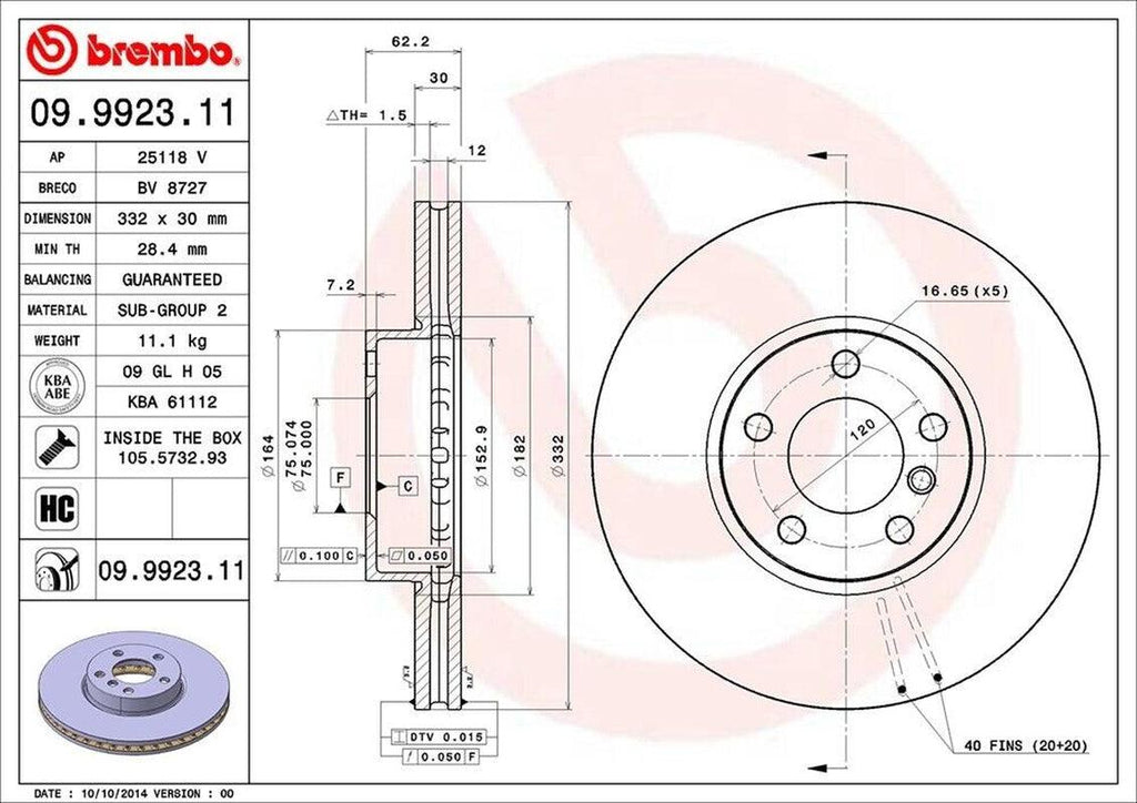 (1) Brembo Front Disc Brake Rotor for BMW (09.9923.11)