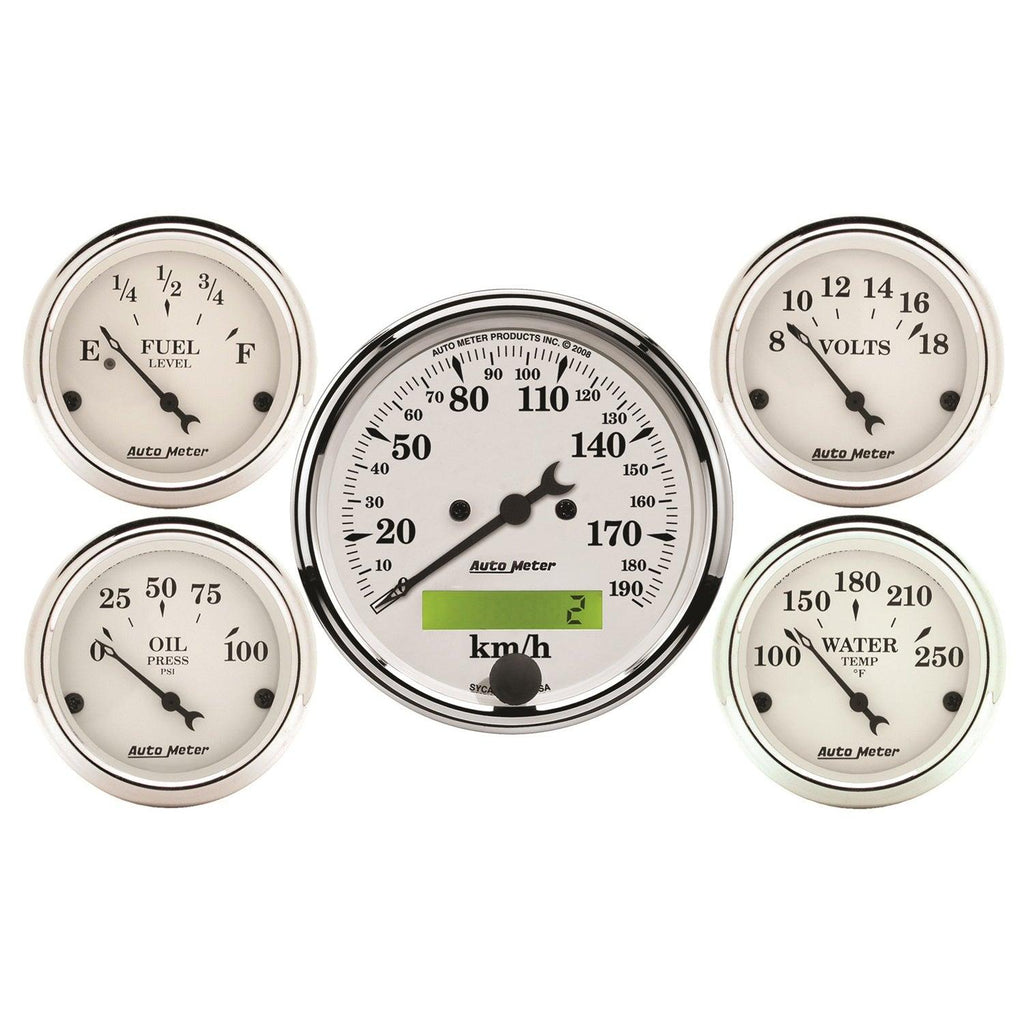 5 PC. GAUGE KIT 3-1/8 in. & 2-1/16 in. ELEC. KM/H SPEEDOMETER OLD TYME WHITE - greatparts