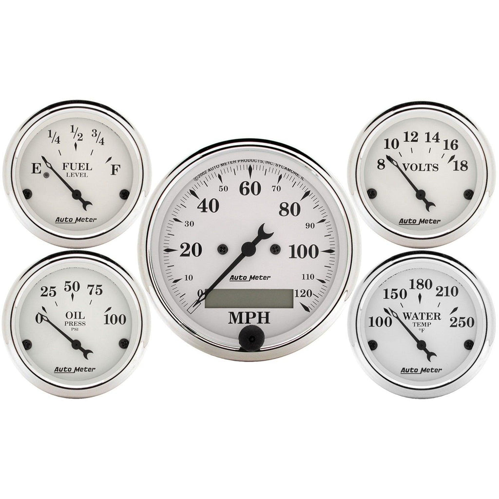 5 PC. GAUGE KIT 3-1/8 in. & 2-1/16 in. ELEC. SPEEDOMETER OLD TYME WHITE - greatparts