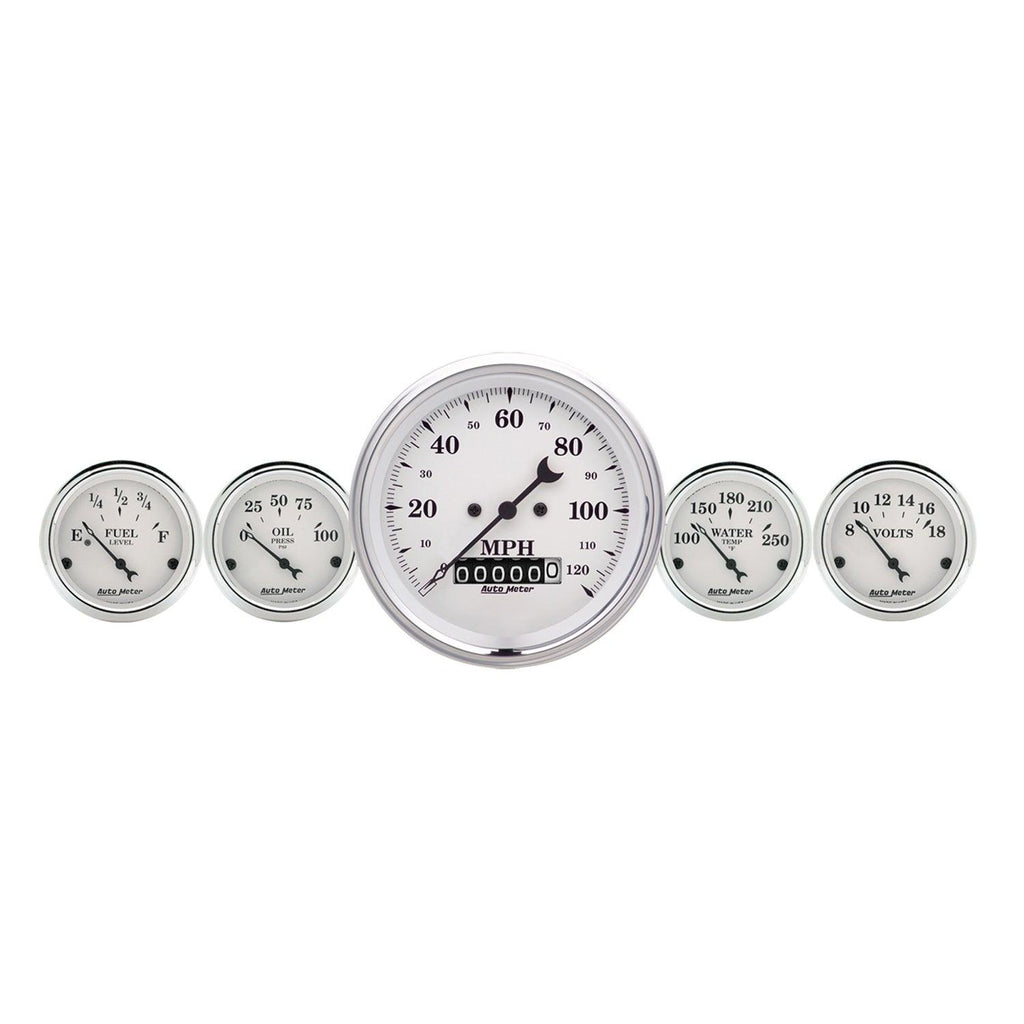 5 PC. GAUGE KIT 3-3/8 in. & 2-1/16 in. ELEC. SPEEDOMETER OLD TYME WHITE - greatparts