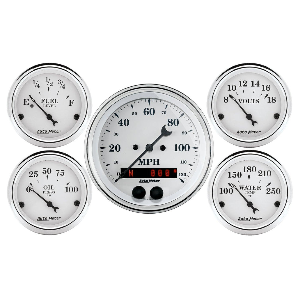 5 PC. GAUGE KIT 3-3/8 in. & 2-1/16 in. GPS SPEEDOMETER OLD TYME WHITE - greatparts