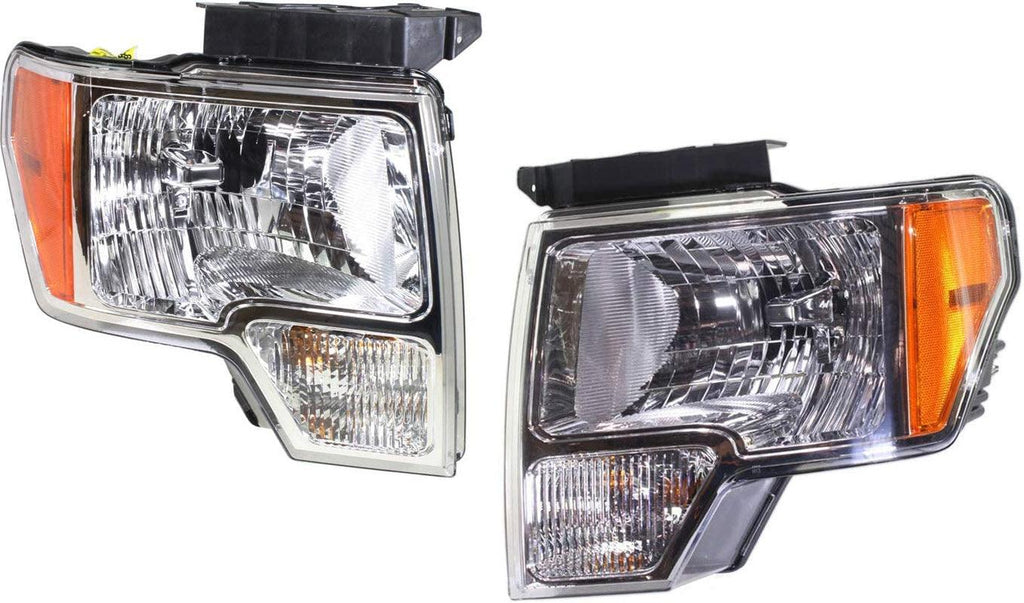 Headlight Set Compatible with 2009-2014 Ford F-150 Left Driver and Right Passenger Side Halogen with Bulb(S) CAPA Certified