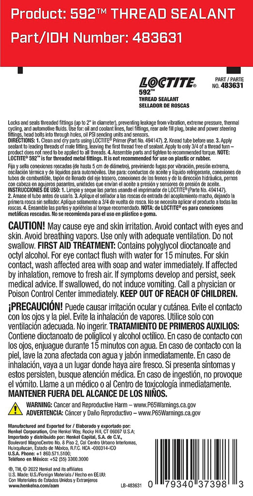 Loctite PST 592 Thread Sealant for Automotive: Low-Pressure, High-Viscosity, Anaerobic, Prevents Galling | Opaque, Off-White, 6 Ml Tube (PN: 483631)