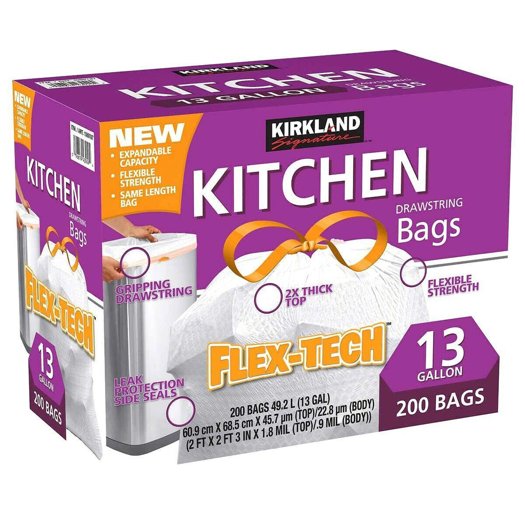 2 X Kirkland Signature Flex-Tech Kitchen Trash Bags 13 Gallon 200Ct, Total 400Ct