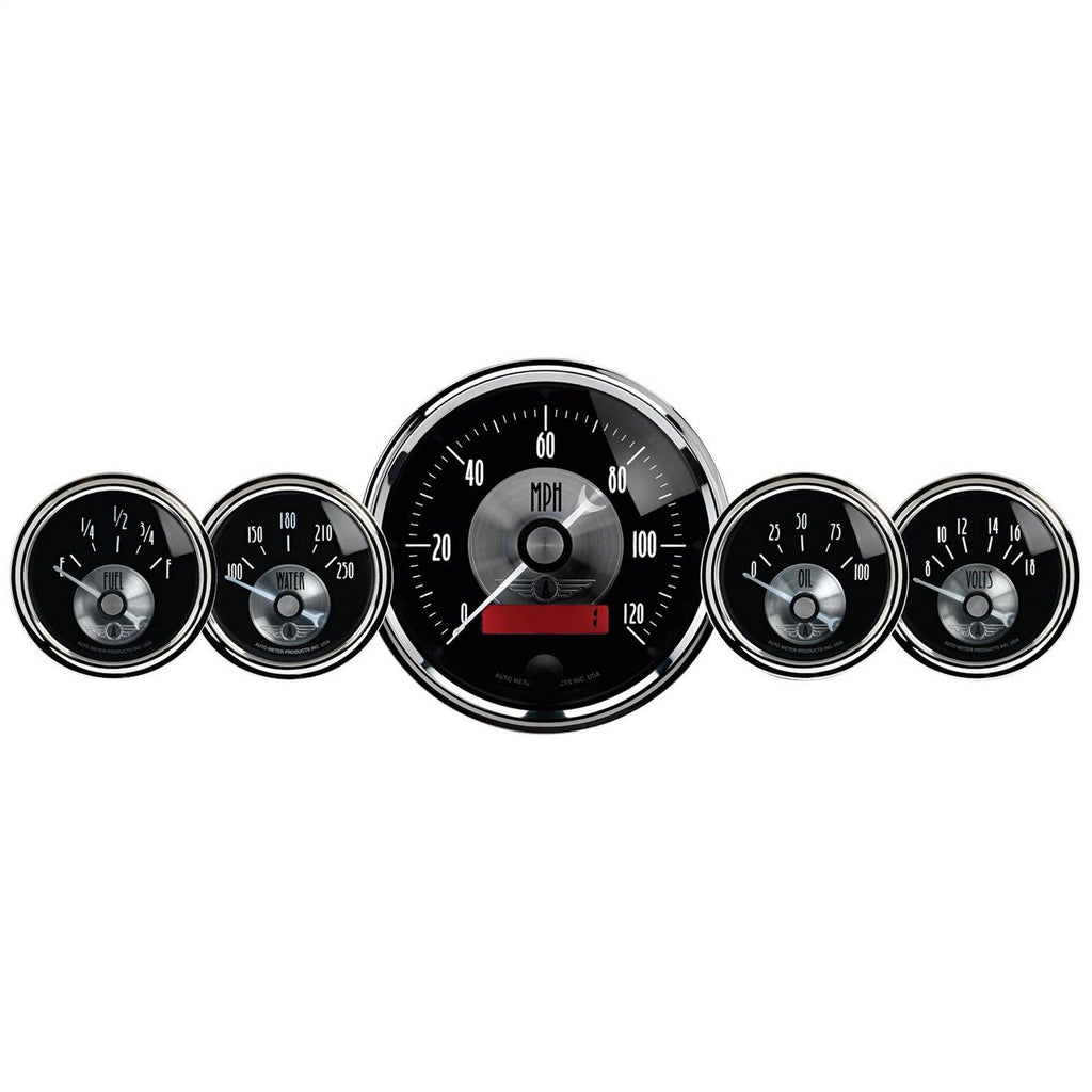 5 PC. GAUGE KIT 3-3/8 in. & 2-1/16 in. ELEC. SPEEDO W/LCD ODO PRESTIGE BLK. DIAMOND - greatparts