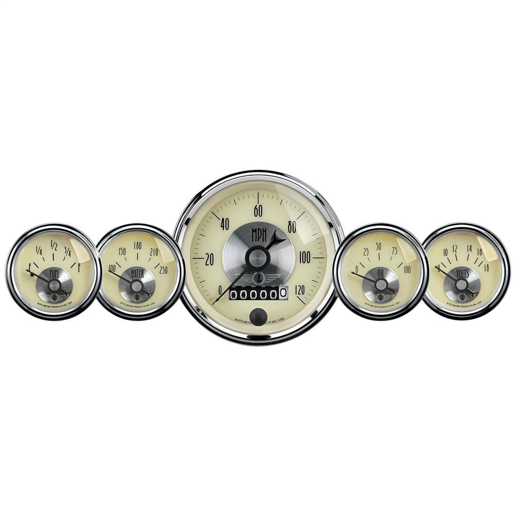 5 PC. GAUGE KIT 3-3/8 in. & 2-1/16 in. ELEC. SPEEDO W/WHEEL ODO PRESTIGE ANTQ. IVORY - greatparts