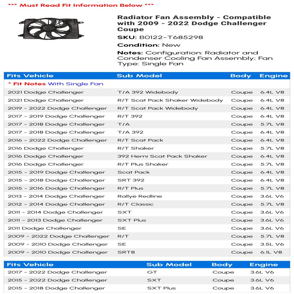 Radiator Fan Assembly - Compatible with 2009 - 2022 Dodge Challenger Coupe 2010 2011 2012 2013 2014 2015 2016 2017 2018 2019 2020 2021
