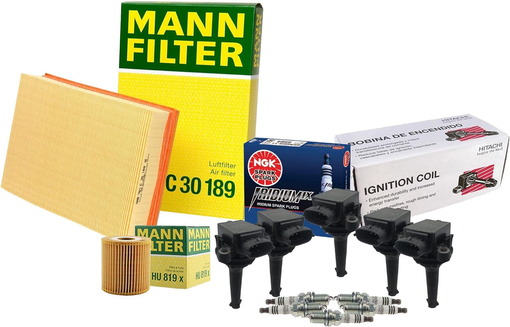 Mann Engine Oil Air Filters with 5 Hitachi COP Ignition Coils and 5 NGK Iridium IX Spark Plugs Kit for Volvo S60 S80 V70 XC70 2.3 2.4 2.5 L5