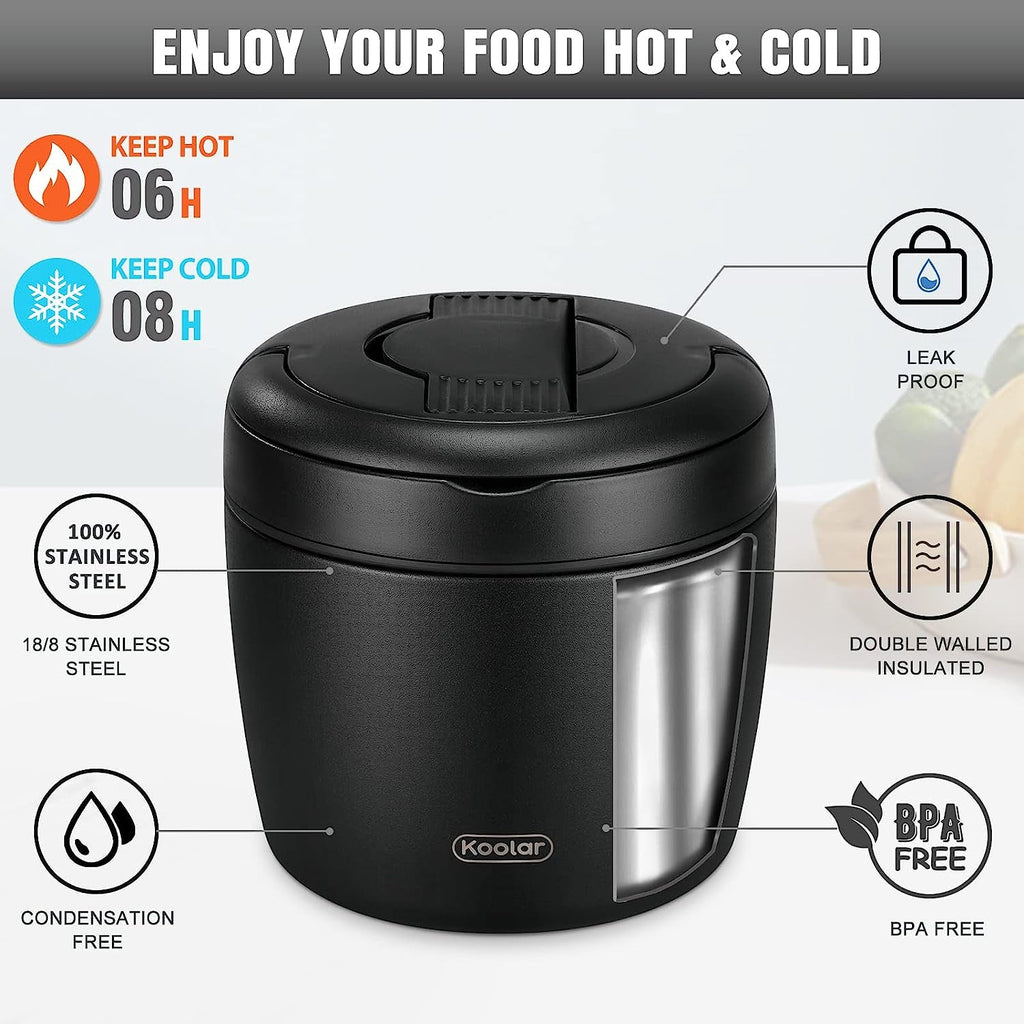 Wiwens Thermo Food Jar for Hot Food Adults 32OZ Soup Thermo Lunch Containers Wide Mouth Vacuum Insulated Stainless Steel Leakproof Bento Box with Spoon (Black)