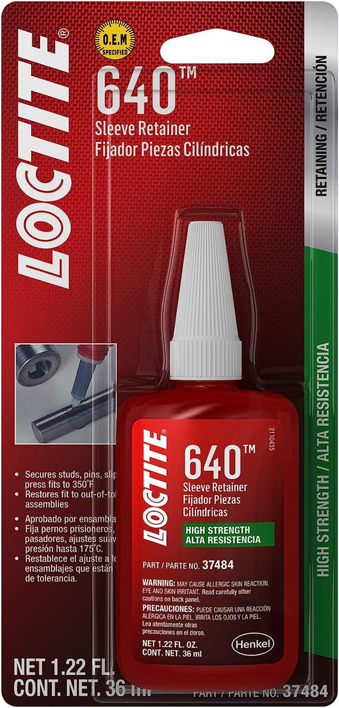 Loctite 640 High-Strength Sleeve Retainer, High-Temperature, Anaerobic Adhesive, for Large Diameter Components, Active Metals, Prevents Surface Corrosion | Green, 36 Ml Bottle (PN: 492147)