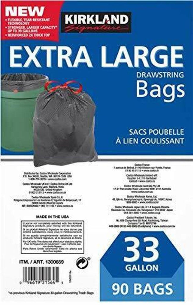 2X Kirkland Signature Flex-Tech Drawstring Trash Bags 33 Gallon 90Ct,Total 180Ct