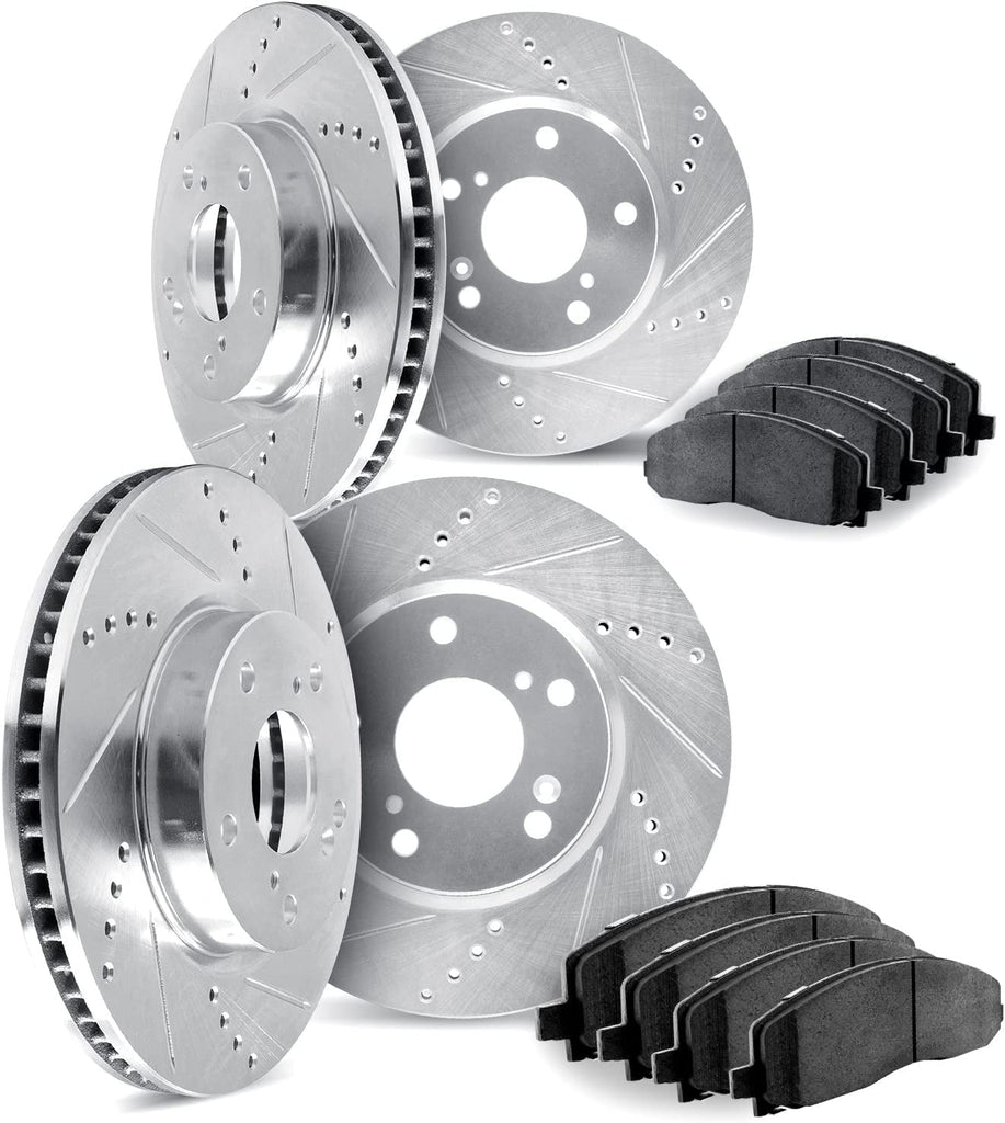 Dynamic Friction Company Front and Rear Brake Rotors Drilled and Slotted Silver with Heavy Duty Brake Pads - 7204-48153