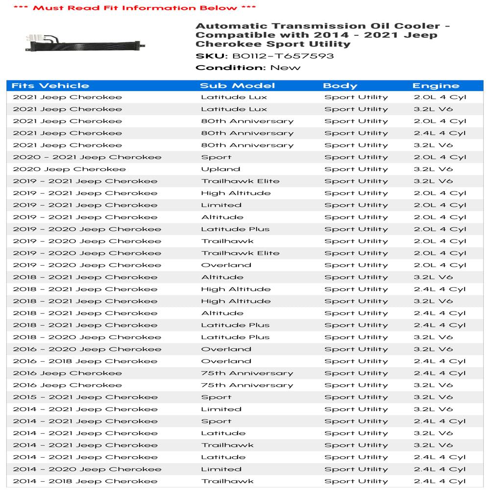 Automatic Transmission Oil Cooler - Compatible with 2014 - 2021 Jeep Cherokee Sport Utility 2015 2016 2017 2018 2019 2020