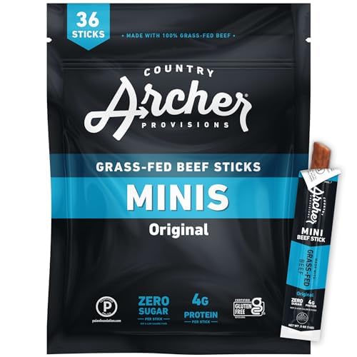 Country Archer Mini Beef Jerky Sticks - Grass Fed Beef Sticks Individually Wrapped, Mini Beef Sticks Bulk, Beef Jerky Snack Packs, Gluten Free, Paleo, Keto - .5 oz Meat Sticks (Pack of 28)