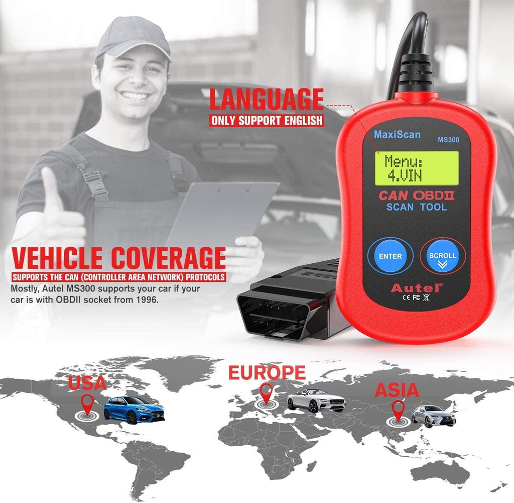 Autel MS300 OBD2 Scanner Code Reader, Turn off Check Engine Light, Read & Erase Fault Codes, Check Emission Monitor Status CAN Diagnostic Scan Tool