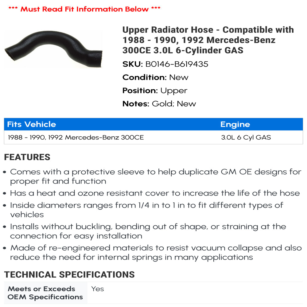 Upper Radiator Hose - Compatible with 1988 - 1990, 1992 Mercedes-Benz 300CE 3.0L 6-Cylinder GAS 1989