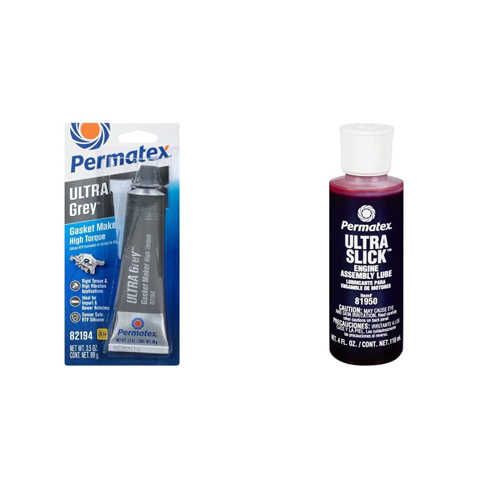 Permatex 82194 Ultra Grey Rigid High-Torque RTV Silicone Gasket Maker, 3.5 Oz. & 81950 Ultra Slick Engine Assembly Lube, 4 Oz. , Red