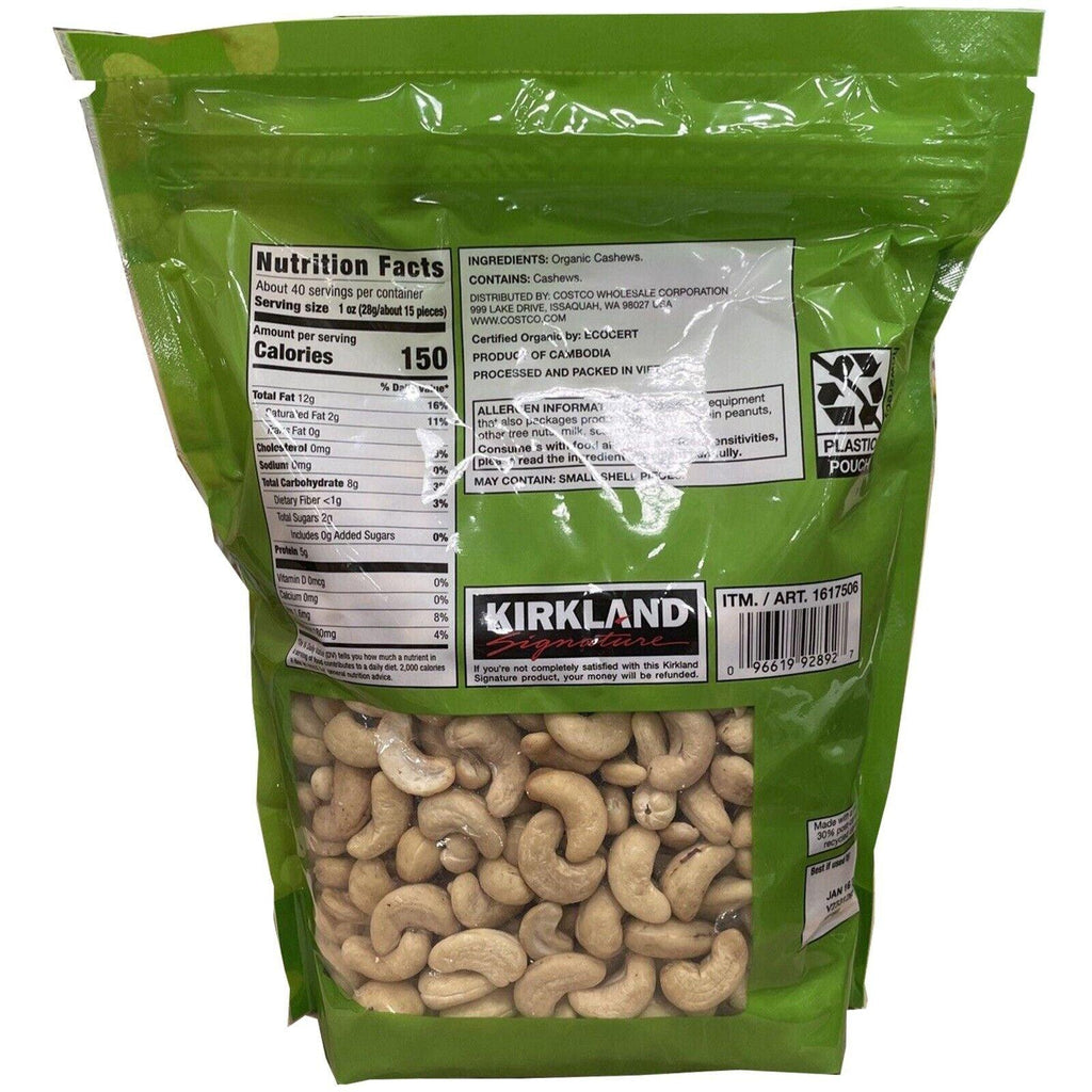 Kirkland Signature Organic Whole Cashews Unsalted Unroasted 40Oz