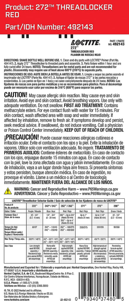 Loctite 272 Threadlocker for Automotive: High-Strength, High-Temperature, Anaerobic, Heavy-Duty Applications, Works on All Metals | Red, 36 Ml Bottle (PN: 37480-492143)