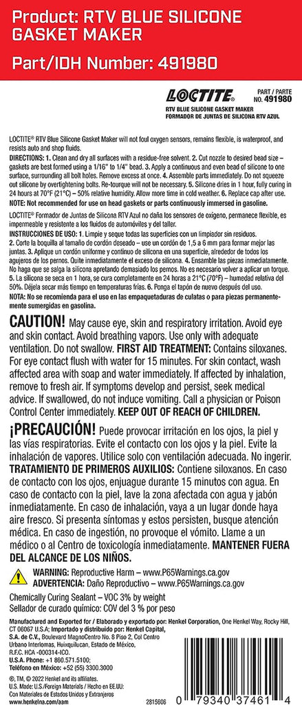 LOCTITE RTV Blue Silicone Gasket Maker for Automotive: Sensor-Safe, High-Temperature, Low-Odor, Replaces Cut Gasket, Silicone Sealant | Blue, 80 Ml Tube (PN: 37461 - 491980)