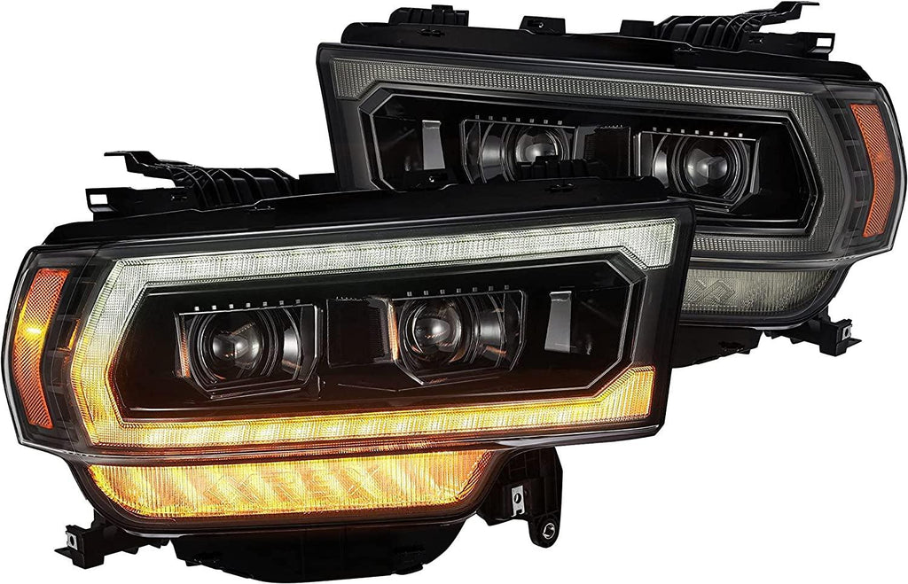 19-21 Ram 2500 LUXX LED Proj Headlights Plank Style Alpha Blk W/Activ Light/Seq Signal/Drl