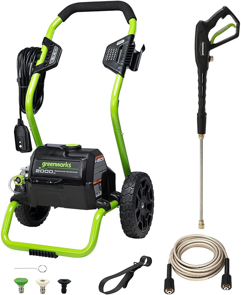 Greenworks 2000 PSI (13 Amp) Electric Pressure Washer (Wheels for Transport / 20 FT Hose / 35 FT Power Cord) Great for Cars, Fences, Patios, Driveways