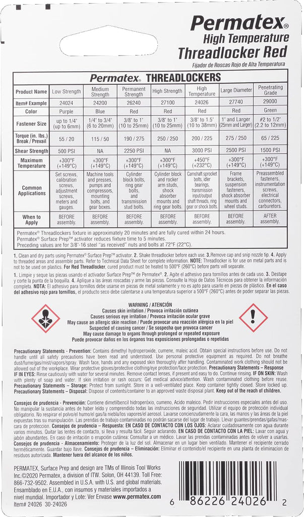 Permatex 24026 High Temperature Threadlocker Red, 6 Ml, Pack of 1