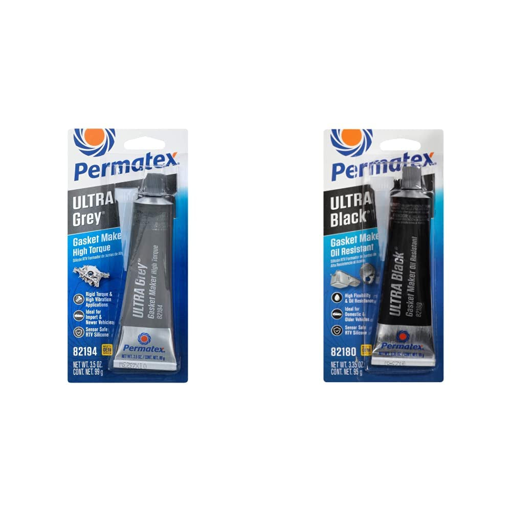 Permatex 82194 Ultra Grey Rigid High-Torque RTV Silicone Gasket Maker, 3.5 Oz. & 82180 Ultra Black Maximum Oil Resistance RTV Silicone Gasket Maker, 3.35 Oz. Tube