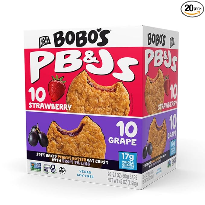 Bobo's Peanut Butter and Jelly Oat Snack Variety Pack, 10 Grape Flavored, 10 Strawberry Flavored, Healthy Everyday Snack