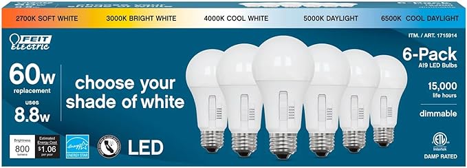 Feit Electric LED 5-Color Choice - 60W Equivalent - 800 Lumen, 2700K Soft Whit, 3000K Bright White, 4000K Cool White, 5000K Daylight and 6500K Cool Daylight, A19, ART 1715914