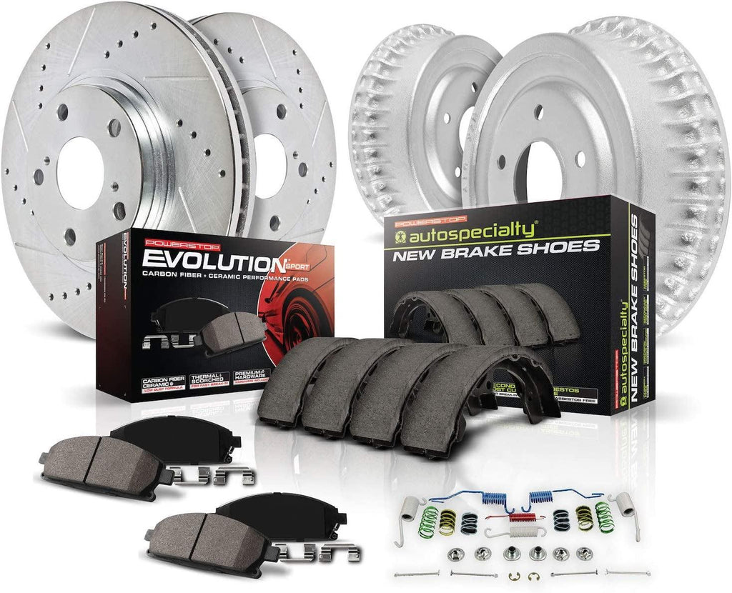 K15228DK Front and Rear Z23 Carbon Fiber Brake Pads with Drilled & Slotted Brake Drums Kit