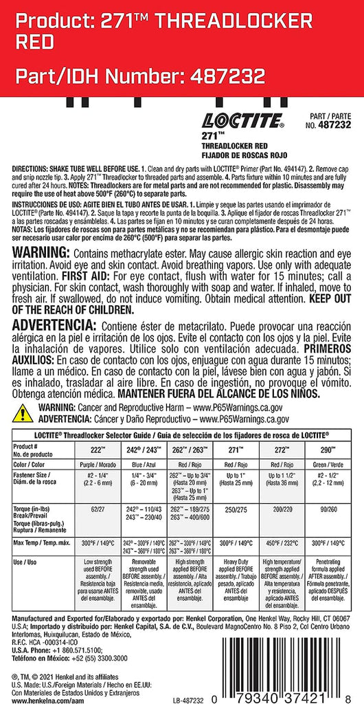 LOCTITE 271 Threadlocker for Automotive: High-Strength, High-Temp, Anaerobic, Heavy-Duty Applications, Works on All Metals | Red, 6 Ml Tube (PN: 37421-487232)