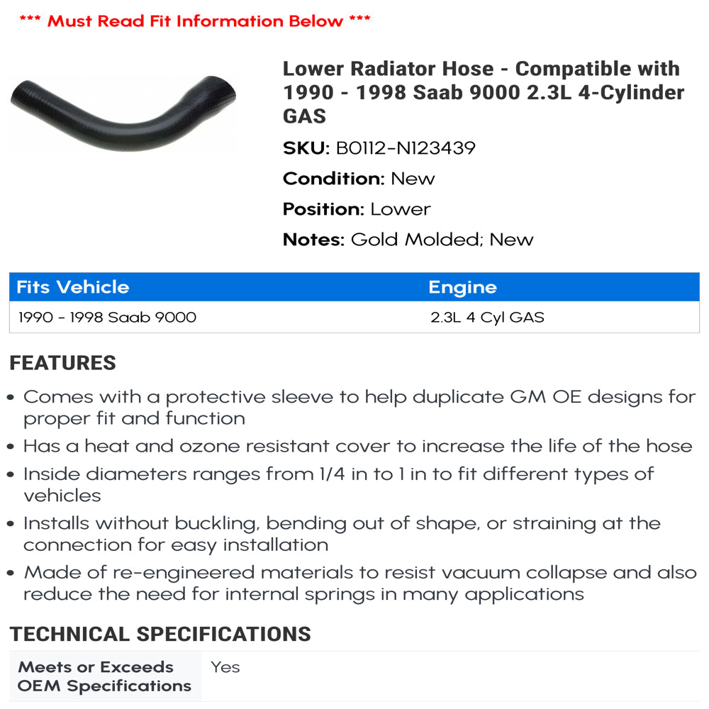 Lower Radiator Hose - Compatible with 1990 - 1998 Saab 9000 2.3L 4-Cylinder GAS 1991 1992 1993 1994 1995 1996 1997