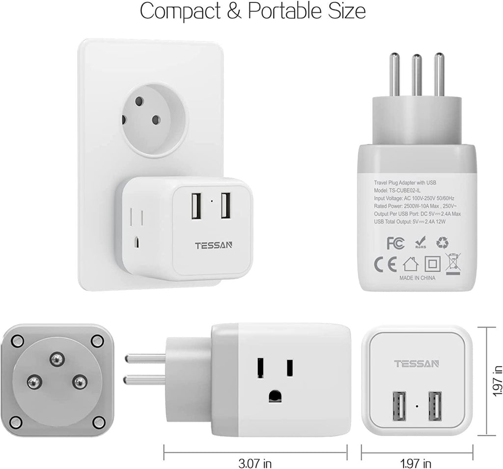 Israel Power Adapter -  US to Israel Plug Adapter with 3 Outlets 2 USB Charging Ports, Power Outlet Converter for Israel, Palestine, Jerusalem, Holy Land, Gaza Strip, Type H Output