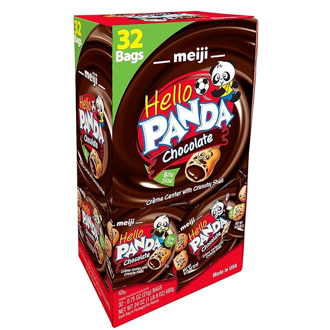 Meiji Hello Panda Cookies, Chocolate Crème Filled - 32 Count, 0.75oz Packages - Bite Sized Cookies with Fun Panda Sports