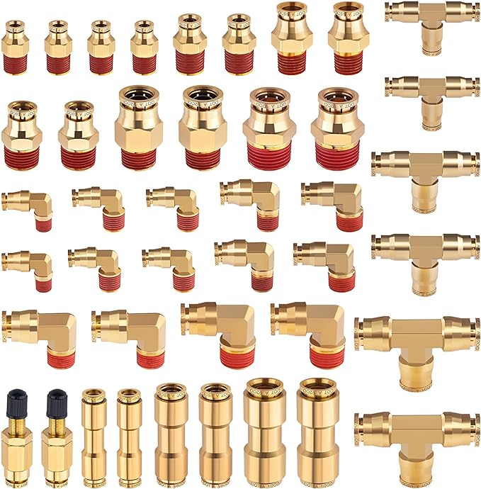 43 PCS Brass DOT Air Brake Line Fittings 1/4" 3/8" 1/2" Push to Connect Fittings Quick Connect & NPT Thread Tube Air Hose Fittings Repair Kit for Truck or Industrial Air System