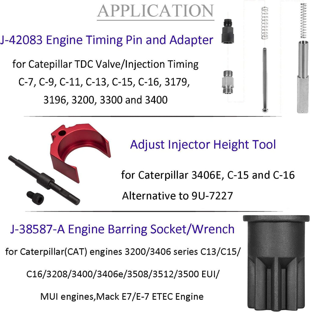 J-42083 Automatic Timing Pin+9U-7227 Injector Height Adjustment Gauge Tool+Engine Barring Socket for Caterpillar CAT 3406E C-15 C-16 (3 Tools)