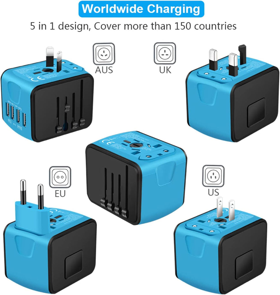 Universal International Travel Power Adapter W/Smart High Speed 2.4A 4Xusb Wall Charger, European Adapter, Worldwide AC Outlet Plugs Adapters for Europe, UK, US, AU, Asia-Blue