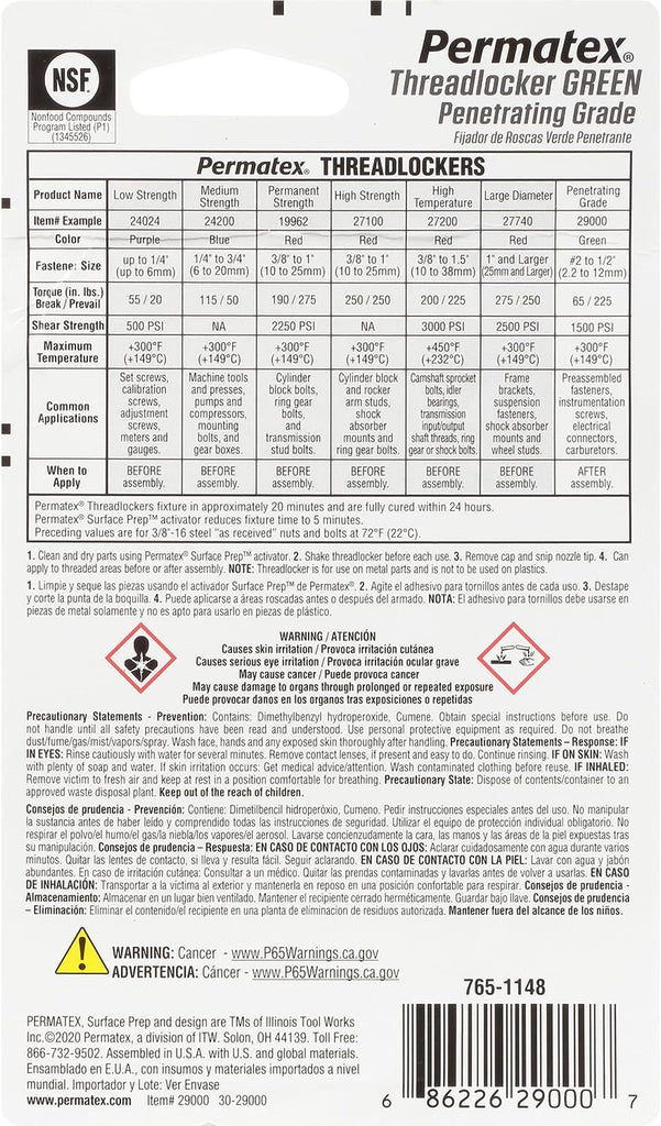 Permatex 29000 Penetrating Grade Threadlocker Green, 6 Ml