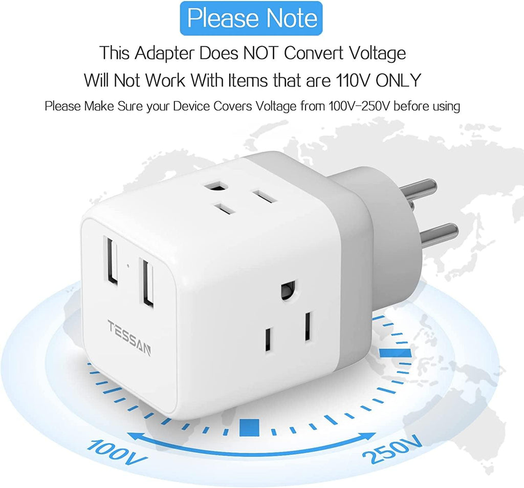 Israel Power Adapter -  US to Israel Plug Adapter with 3 Outlets 2 USB Charging Ports, Power Outlet Converter for Israel, Palestine, Jerusalem, Holy Land, Gaza Strip, Type H Output