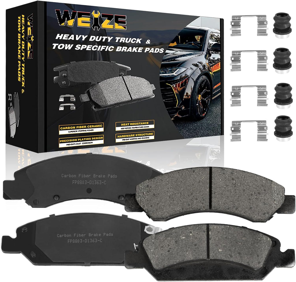 WEIZE Front Carbon Fiber Ceramic Brake Pads, Truck and Tow Brake Pads Set with Hardware D1363, Fit for Chevy GMC Silverado 1500 Sierra Yukon XL Tahoe Suburban, Cadillac XTS Escalade