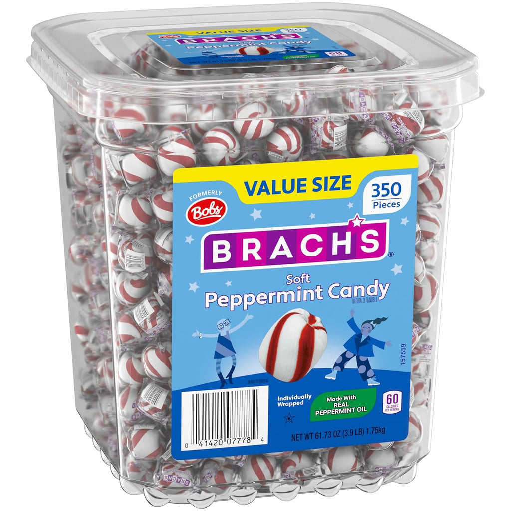 Brach's Bobs Sweet Stripes Soft Peppermint Candy, Individually Wrapped Pieces, 3.9 lb Tub (350 Count)