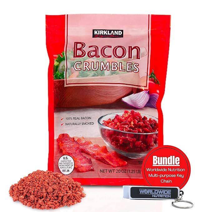 Worldwide Nutrition Bundle, 2 items: Kirkland Signature Crumbled Bacon Bits Cooked Bacon - Ready To Eat, Premium Quality 20oz w Bacon Bits Real 1 Pack Bacon Bits For Salad & Multi-Purpose Keychain