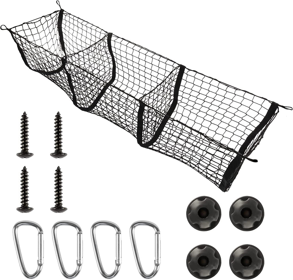 Amiss Heavy Duty Mesh Cargo Net, 3 Pocket Trunk Bed Storage Organizer Compatible for SUV, Car, Pickup Truck Bed, Etc.With 4 Metal Hooks (11.8��11.8��47.3 Inch), Black