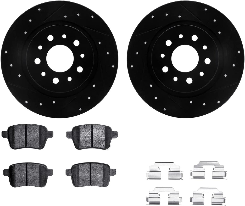 Dynamic Friction Company Rear Brake Rotors-Drilled and Slotted-Black with 5000 Advanced Brake Pads Includes Hardware 8512-07003