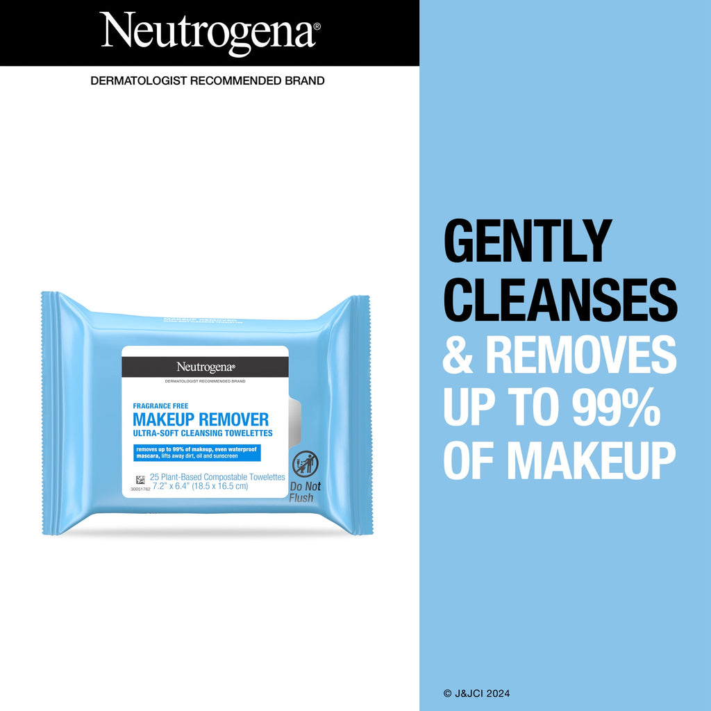 Neutrogena Fragrance Free Makeup Remover Wipes, Face Cleansing Towelettes, 25 Count, 2 Pack